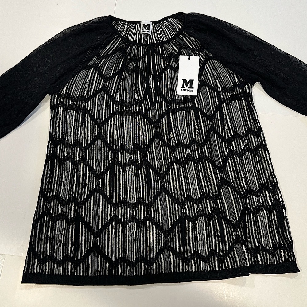 M Missoni Knit Blouse Top Size 6 US/38 Black White Keyhole 3/4 Sleeve